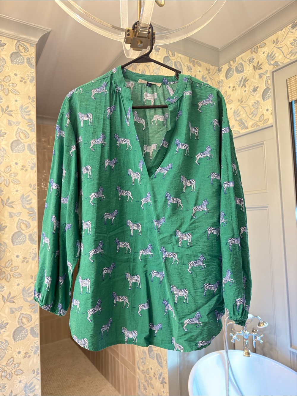 Green Zebra-Print V-Neck Women's Blouse